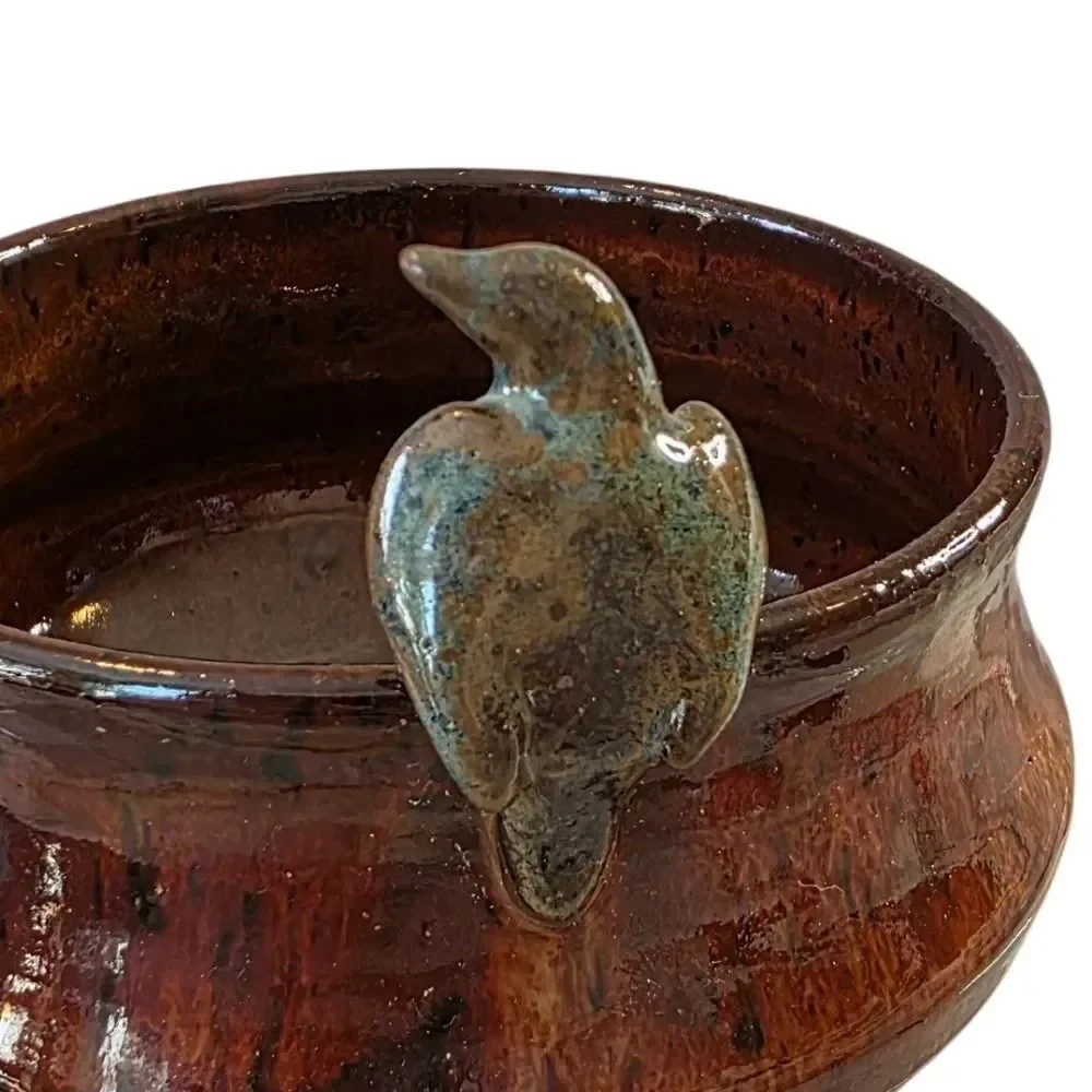 Handcrafted Brown Ceramic Bowl With Bird Accent
